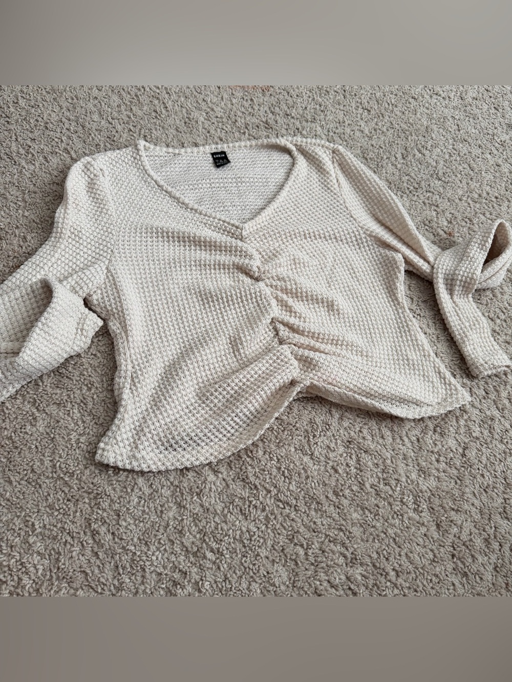 SHEIN Cream Waffle Knit Ruched V-Neck Top